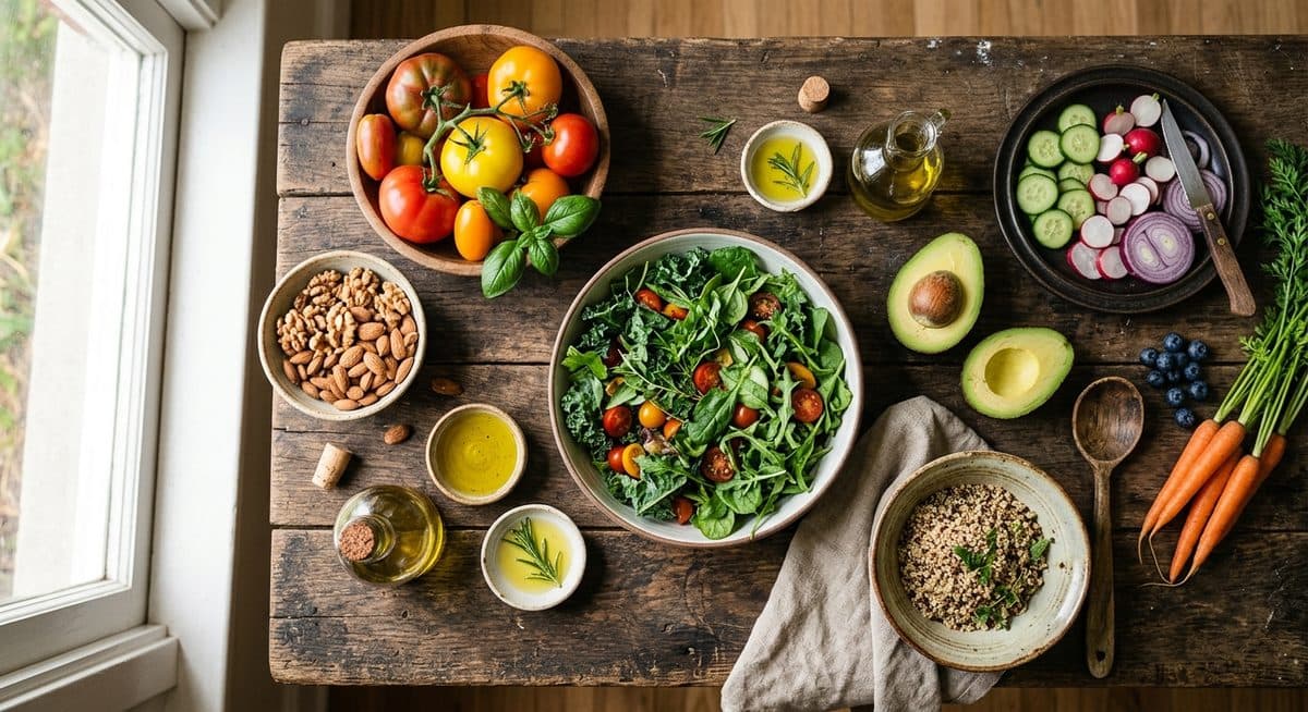 Frische, natürliche Lebensmittel auf einem Holztisch